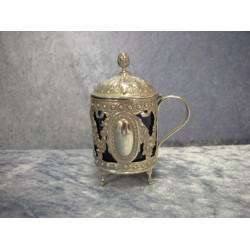 Silver Cup on four feet and with handle and blue glass inside, 9.5x7.5x5 cm