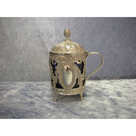 Silver Cup on four feet and with handle and blue glass inside, 9.5x7.5x5 cm