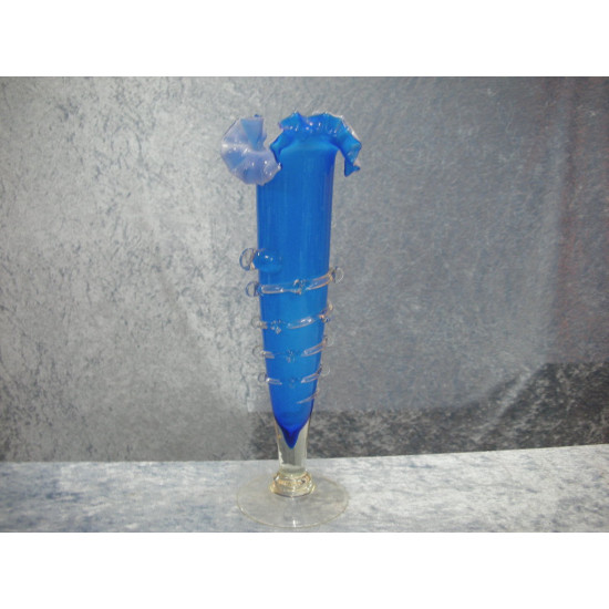 Glas Vase blå med flæsekrave, 29.5x10 cm