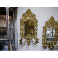 Brass faceted mirror with 3 candlesticks, 48x24 cm