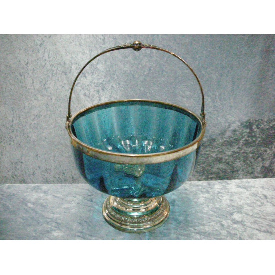Turquoise Glass bowl with handle on base, 27x19 cm