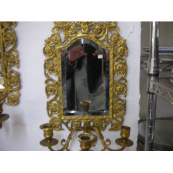 Brass faceted mirror with 3 candlesticks, 48x24 cm-2