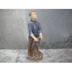 Boy with fish and net no 2338, 19 cm, Factory first, Bing & Grondahl
