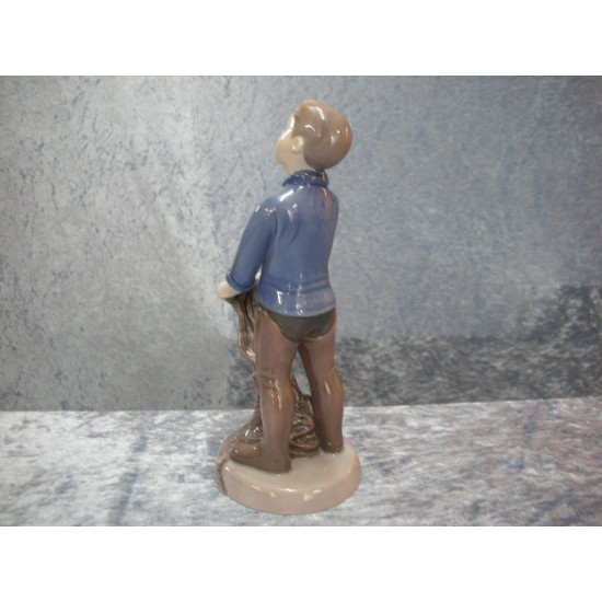 Boy with fish and net no 2338, 19 cm, Factory first, Bing & Grondahl